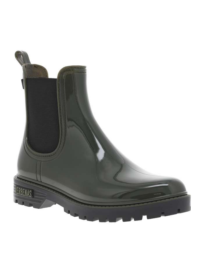 Boots kaki vernies style chelsea à talon plat et à soufflets élastiqués noirs