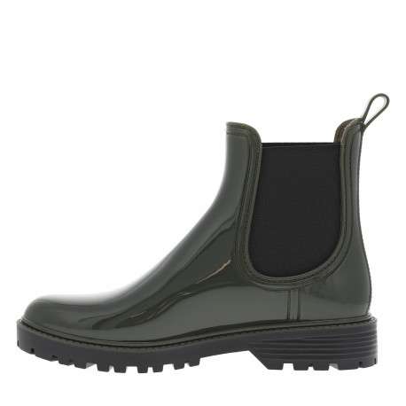 Boots kaki vernies style chelsea à talon plat et à soufflets élastiqués noirs - Image 3