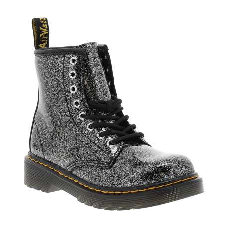 Bottines argent et noire en cuir enduit avec des lacets et un zip latéral