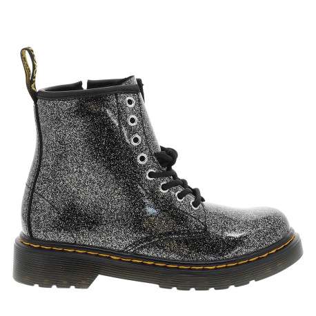 Bottines argent et noire en cuir enduit avec des lacets et un zip latéral - Image 2