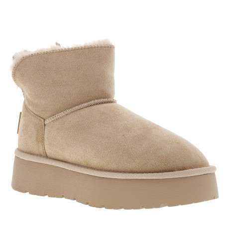 Boots beiges montantes en matériaux végans avec talon à plateau et logo marron