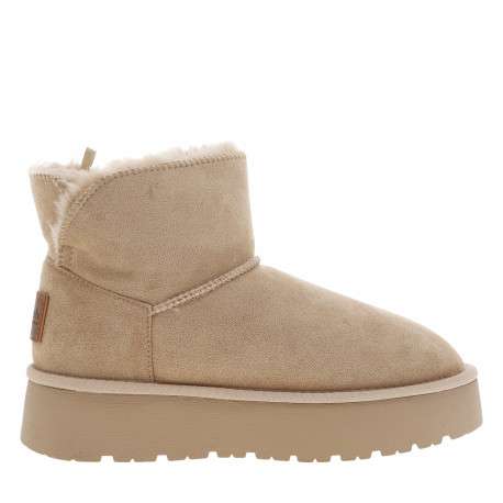 Boots beiges montantes en matériaux végans avec talon à plateau et logo marron - Image 2