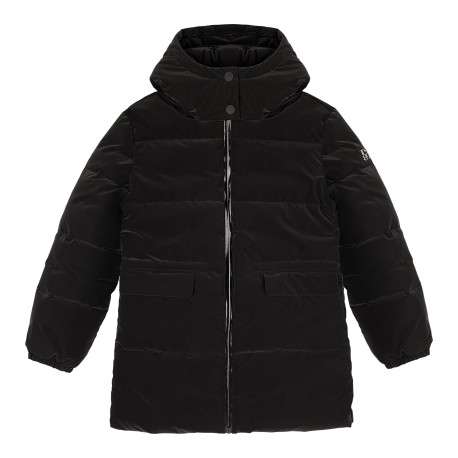 Blouson à capuche noir uni avec une coupe droite et une fermeture zippée