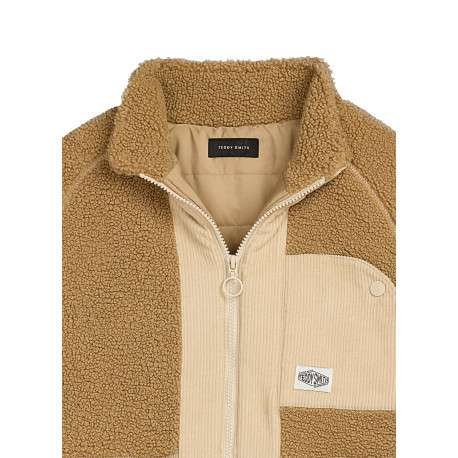 Veste camel uni zippée en sherpa avec un col montant et des poches plaquées - Image 3