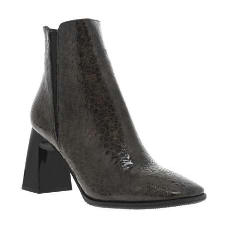Boots en cuir kaki à talon décroché haut et à zip avec motif léopard