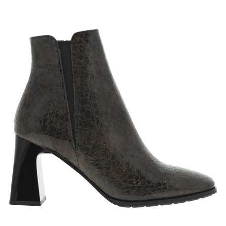 Boots en cuir kaki à talon décroché haut et à zip avec motif léopard - Image 2