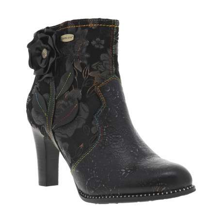 Boots noires à talon stiletto, zip latéral avec fleur noire et imprimé fleuri