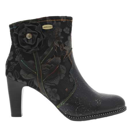 Boots noires à talon stiletto, zip latéral avec fleur noire et imprimé fleuri - Image 2