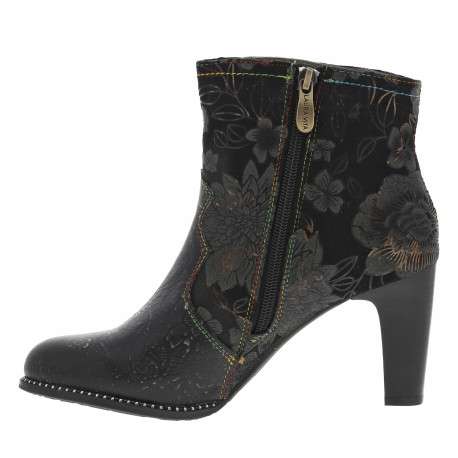 Boots noires à talon stiletto, zip latéral avec fleur noire et imprimé fleuri - Image 3