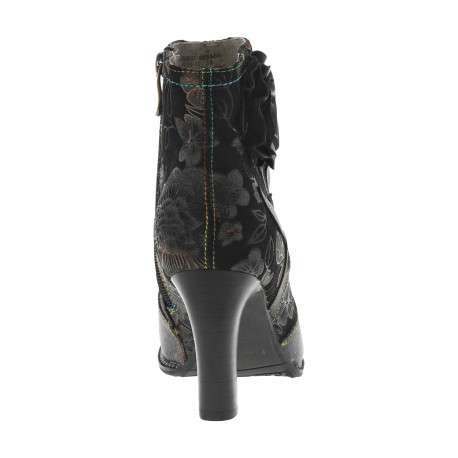 Boots noires à talon stiletto, zip latéral avec fleur noire et imprimé fleuri - Image 4
