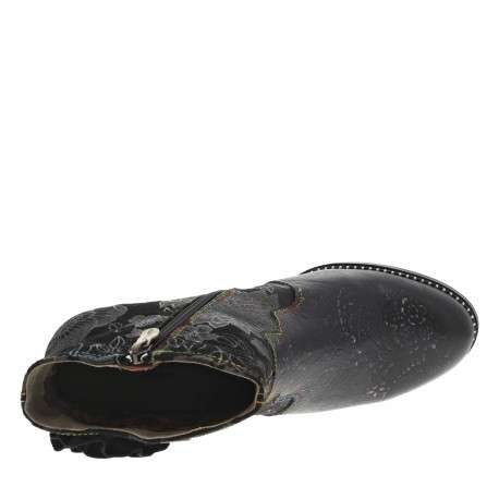 Boots noires à talon stiletto, zip latéral avec fleur noire et imprimé fleuri - Image 5