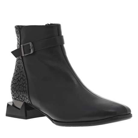 Boots en cuir noires à talon décroché bas et à zip avec motif léopard