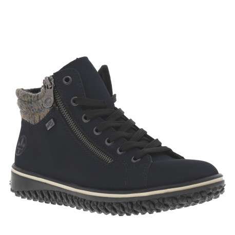 Bottines bleu marine à talon plat avec des lacets et 2 zips latéraux
