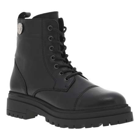 Boots en cuir noires à talons plats avec lacet et zip et détail pièce de monnaie