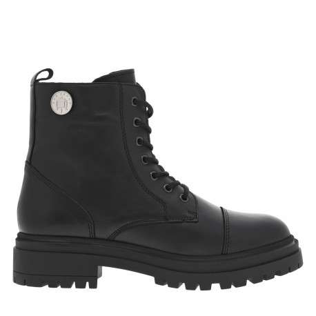 Boots en cuir noires à talons plats avec lacet et zip et détail pièce de monnaie - Image 2