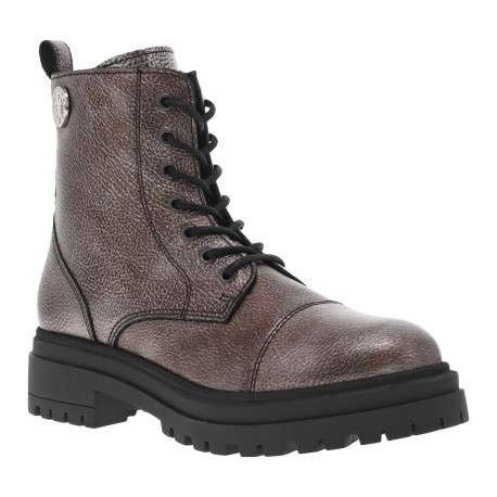 Boots en cuir bronze plates, avec lacets et zip latéral et pièce décorative
