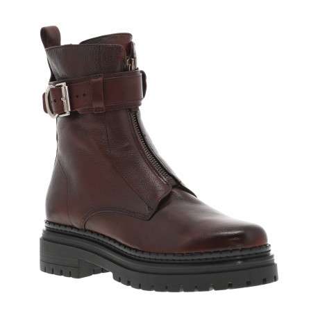 Bottines en cuir chocolat avec semelle à talon décroché bas et fermeture zippée