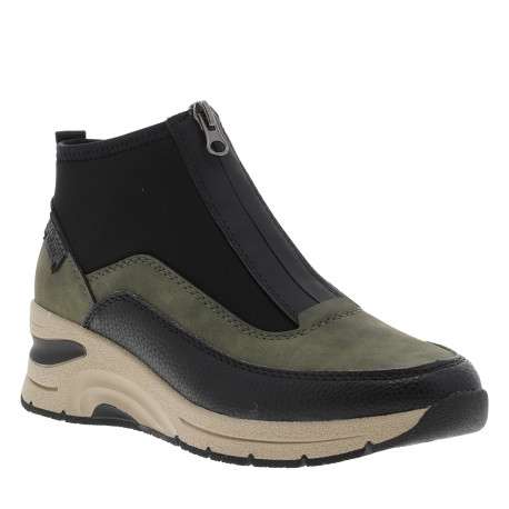 Boots vertes et noires à talon semi-compensée avec un zip central