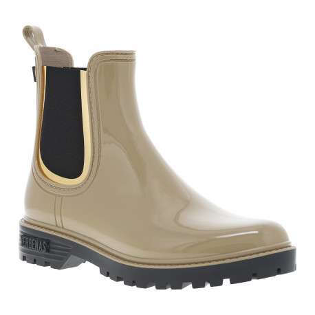 Boots beige à talon décroché bas et à soufflets élastiqués noir et liseré doré