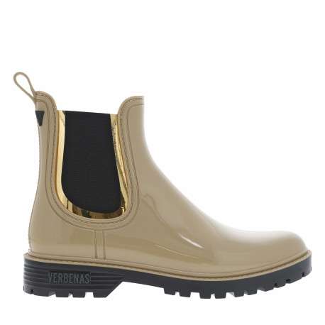 Boots beige à talon décroché bas et à soufflets élastiqués noir et liseré doré - Image 2