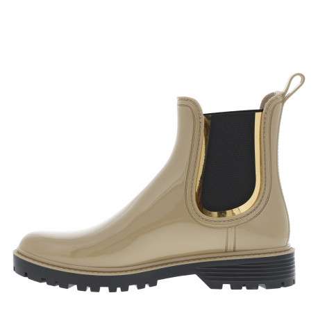 Boots beige à talon décroché bas et à soufflets élastiqués noir et liseré doré - Image 3