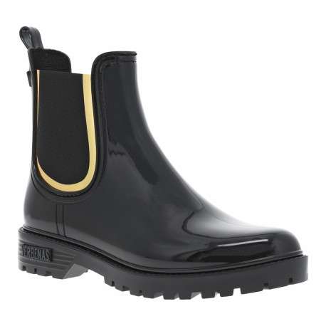 Boots noires vernies à talon décroché bas à soufflets élastiqués et liseré doré