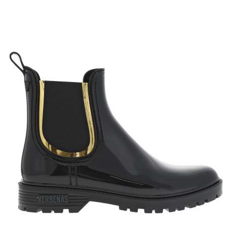 Boots noires vernies à talon décroché bas à soufflets élastiqués et liseré doré - Image 2