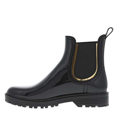 Boots noires vernies à talon décroché bas à soufflets élastiqués et liseré doré - Image 3