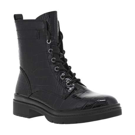 Bottines noires imitation crocodile vernies à talon décroché bas à lacets et zip