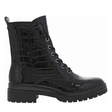Bottines noires imitation crocodile vernies à talon décroché bas à lacets et zip - Image 2