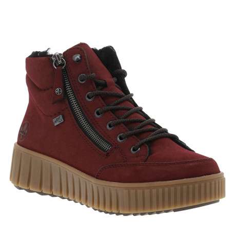 Bottines bordeaux à talon compensé bas avec des lacets et un zip latéral