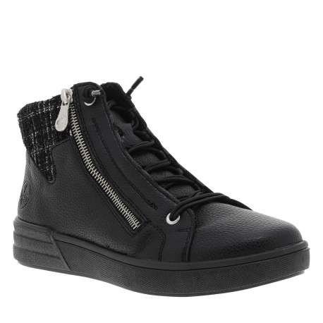 Bottines noires à talon plat avec des lacets élastiqués et un zip latéral