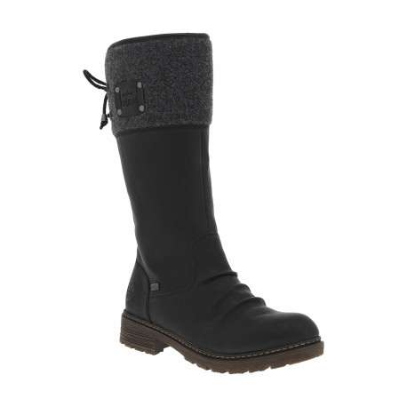 Bottes noires plates et à zip avec lacets arrière, fronces et col en feutre gris