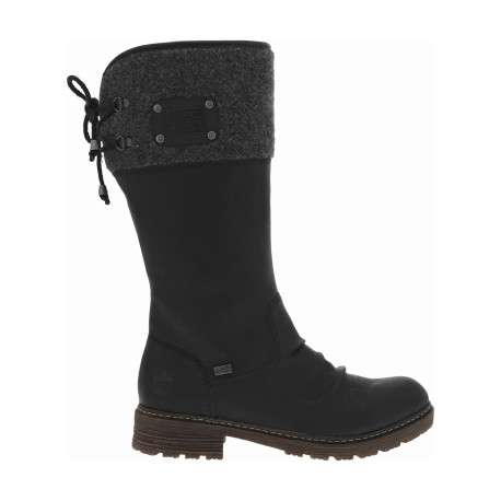 Bottes noires plates et à zip avec lacets arrière, fronces et col en feutre gris - Image 2
