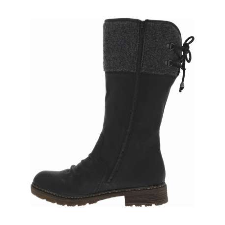 Bottes noires plates et à zip avec lacets arrière, fronces et col en feutre gris - Image 3