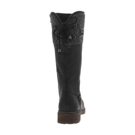 Bottes noires plates et à zip avec lacets arrière, fronces et col en feutre gris - Image 4