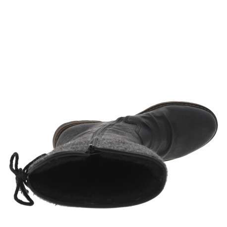 Bottes noires plates et à zip avec lacets arrière, fronces et col en feutre gris - Image 5
