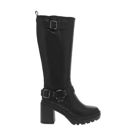 Bottes noires à talon décroché haut avec fermeture zippée et boucles à ardillon - Image 2