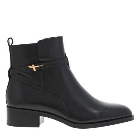 Boots en cuir noires à talon décroché bas avec un zip latéral doré - Image 2
