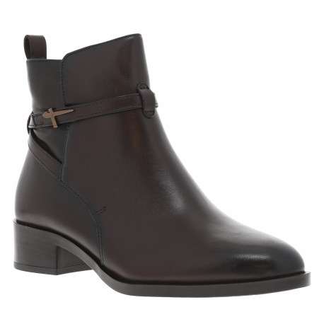 Boots en cuir chocolat à talon décroché bas pourvues d'une fermeture zippée