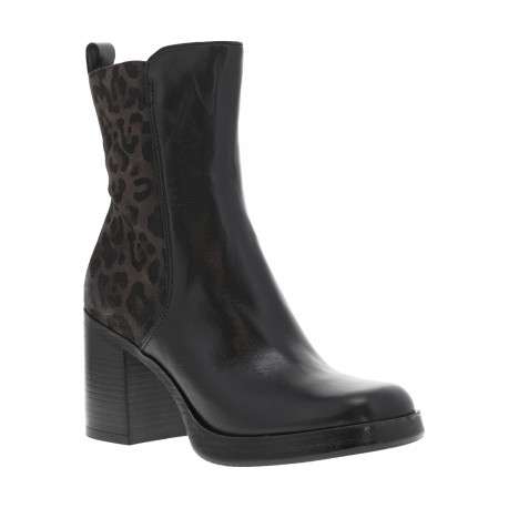 Boots en cuir noires avec un empiècement effet daim à motif léopard