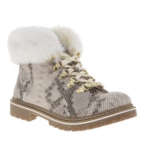 Bottines en cuir écrues à motif python avec un talon plat et des lacets