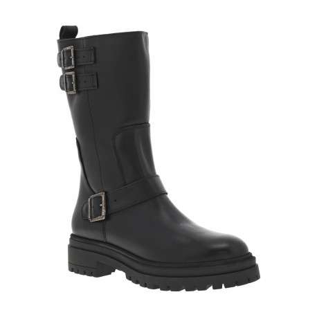 Bottes en cuir noires à talon plat avec 3 boucles à ardillon et zip