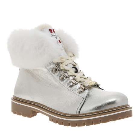 Bottines en cuir platine à talon plat avec une semelle crantée et des lacets