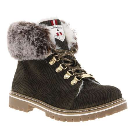 Bottines en cuir kaki à motif zébré avec un talon plat et des lacets