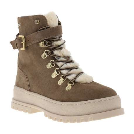 Bottines taupe à talon décroché bas avec une languette en fausse fourrure