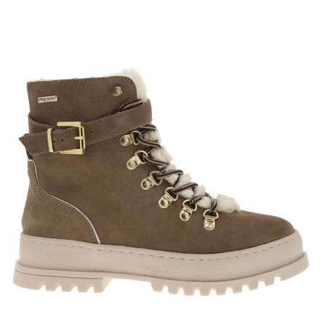 Bottines taupe à talon décroché bas avec une languette en fausse fourrure - Image 2