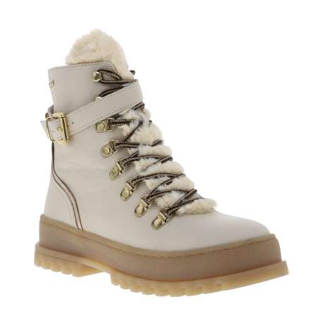 Bottines blanches à talon décroché bas avec une languette en fausse fourrure