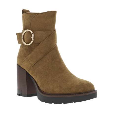 Boots camel à talon décroché haut et à zip avec boucle dorée à ardillon