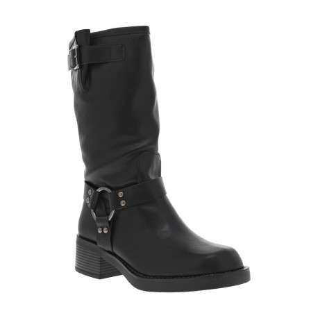 Bottes noires à talon décroché bas et à zip latéral avec bride et anneau gravé
